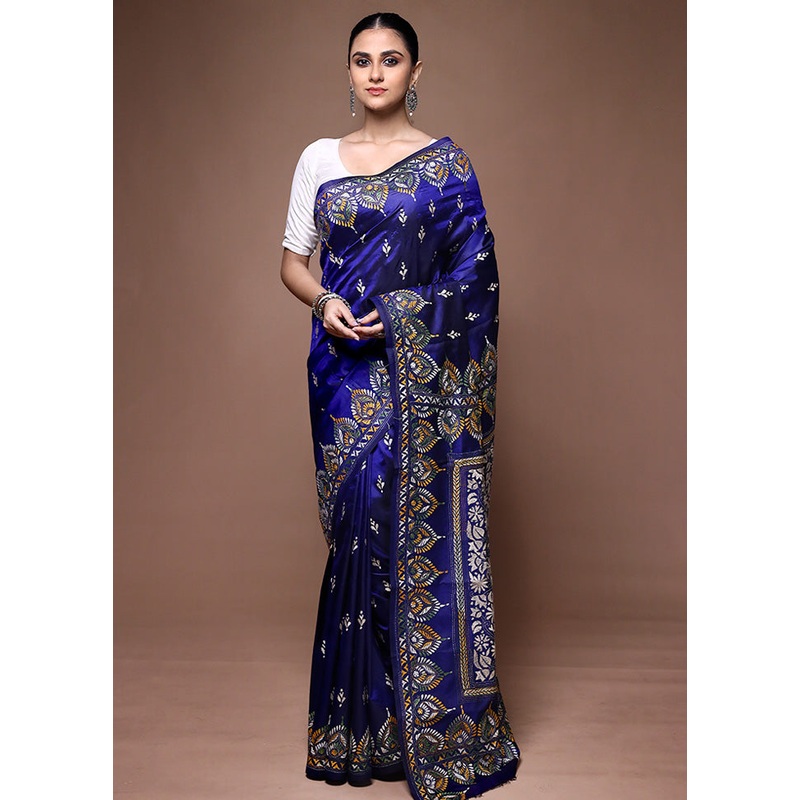 Blue Handloom Kantha Stitch Pure Silk Saree With Blouse Piece - JD986599677