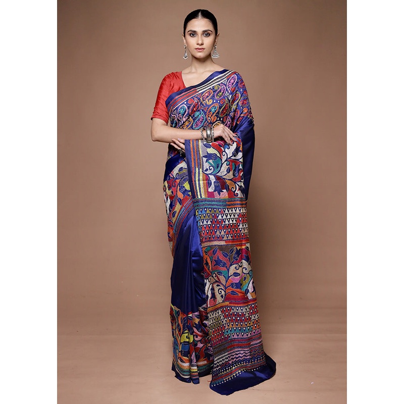 Blue Handloom Kantha Stitch Pure Silk Saree With Blouse Piece - JD986599678
