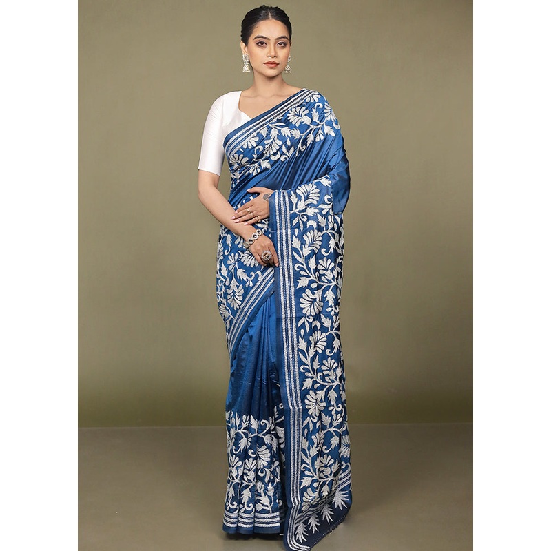 Blue Handloom Kantha Stitch Pure Silk Saree With Blouse Piece - JD986599745