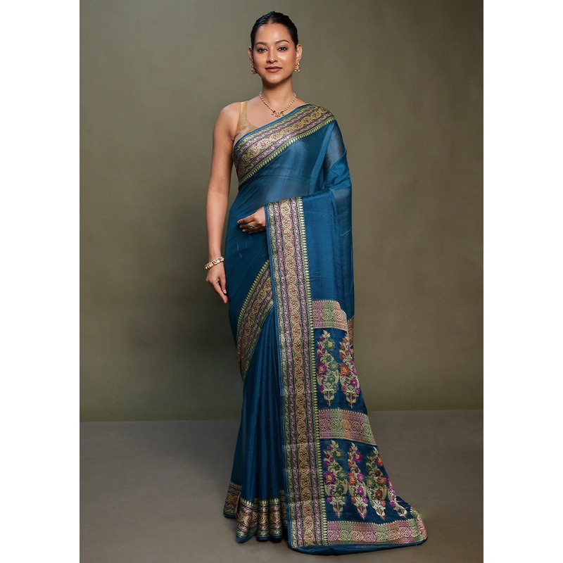 Blue Handloom Pure Georgette Saree With Blouse Piece - JD986599789