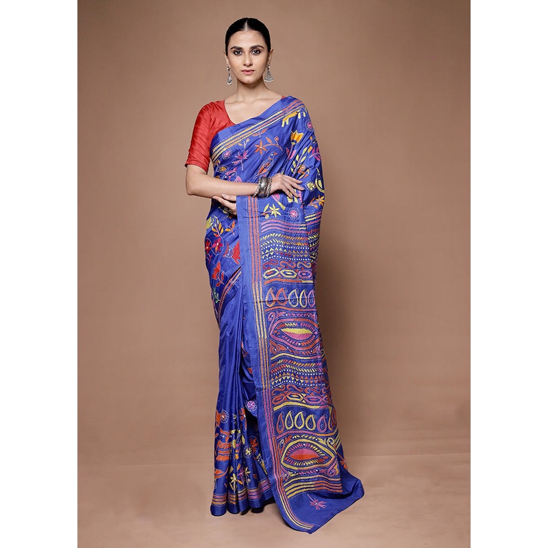 Blue Kantha Stitch Silk Saree With Blouse Piece - JD986599674