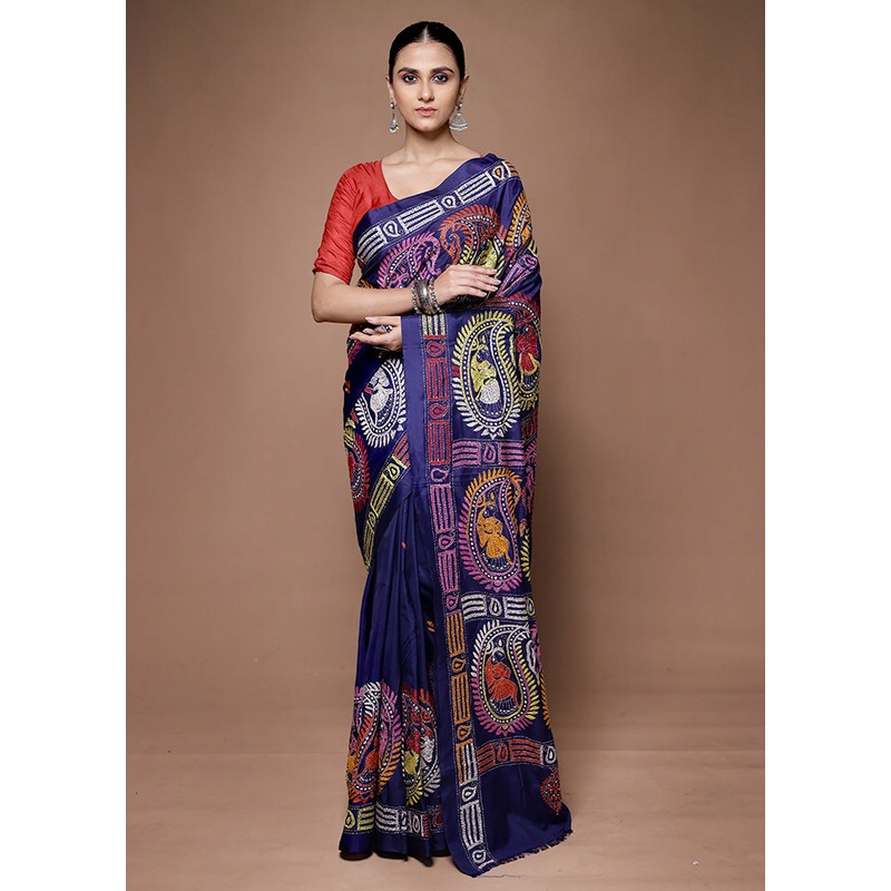 Blue Kantha Stitch Silk Saree With Blouse Piece - JD986599675