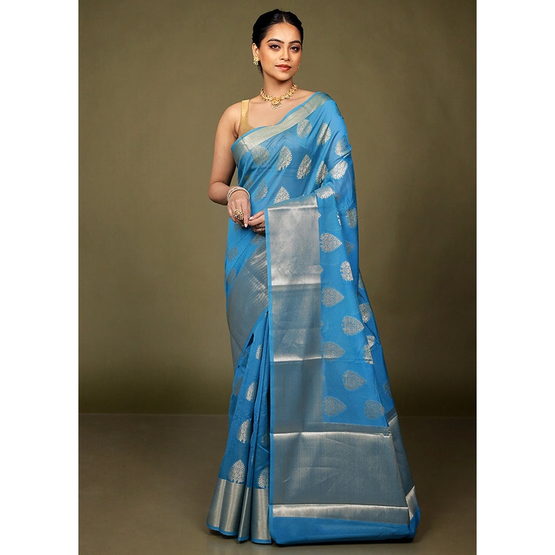 Blue Kora Silk Saree With Blouse Piece - JD986599742