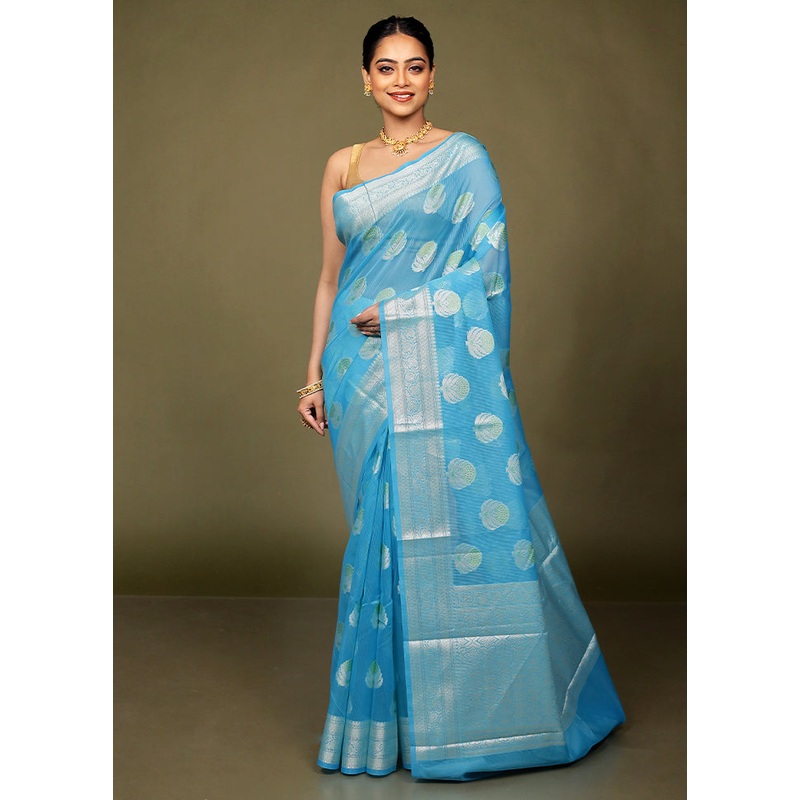 Blue Kora Silk Saree With Blouse Piece - JD986599744