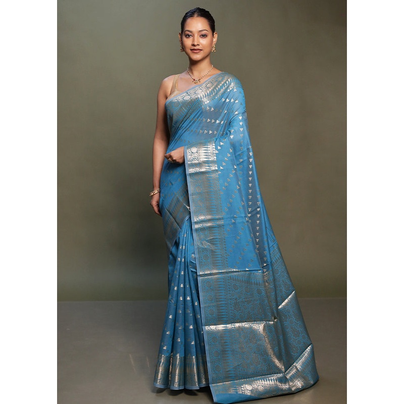 Blue Kora Silk Saree With Blouse Piece - JD986599788