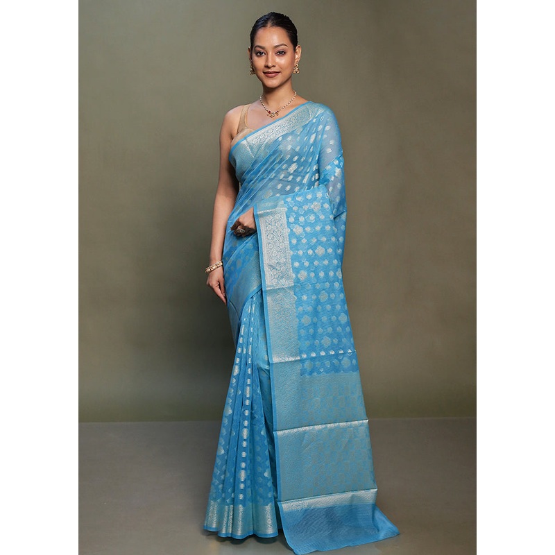 Blue Kota Cotton Saree With Blouse Piece - JD986599787