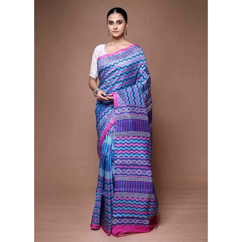 Blue Printed Pure Silk Saree Without Blouse Piece - JD986599672