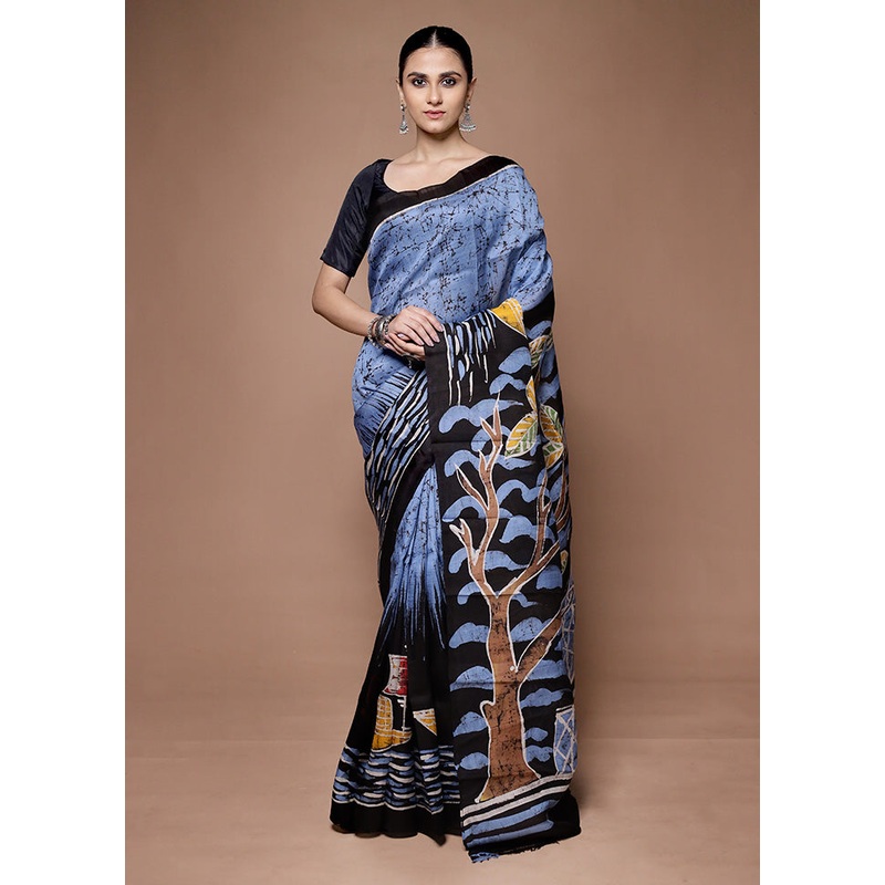 Blue Printed Pure Silk Saree Without Blouse Piece - JD986599673