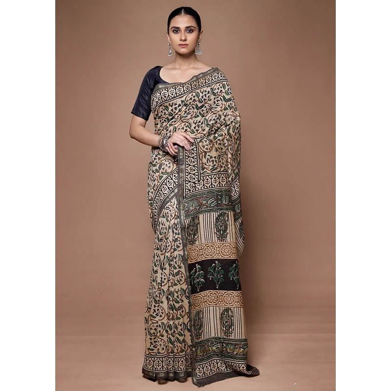 Cream Chanderi Cotton Saree With Blouse Piece - JD986599666