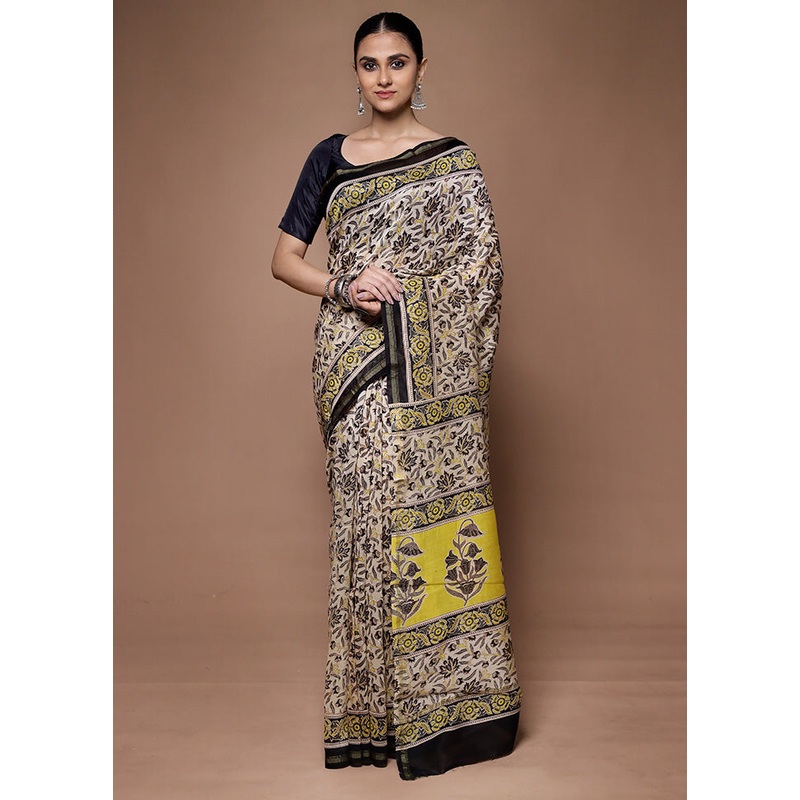 Cream Chanderi Cotton Saree With Blouse Piece - JD986599667