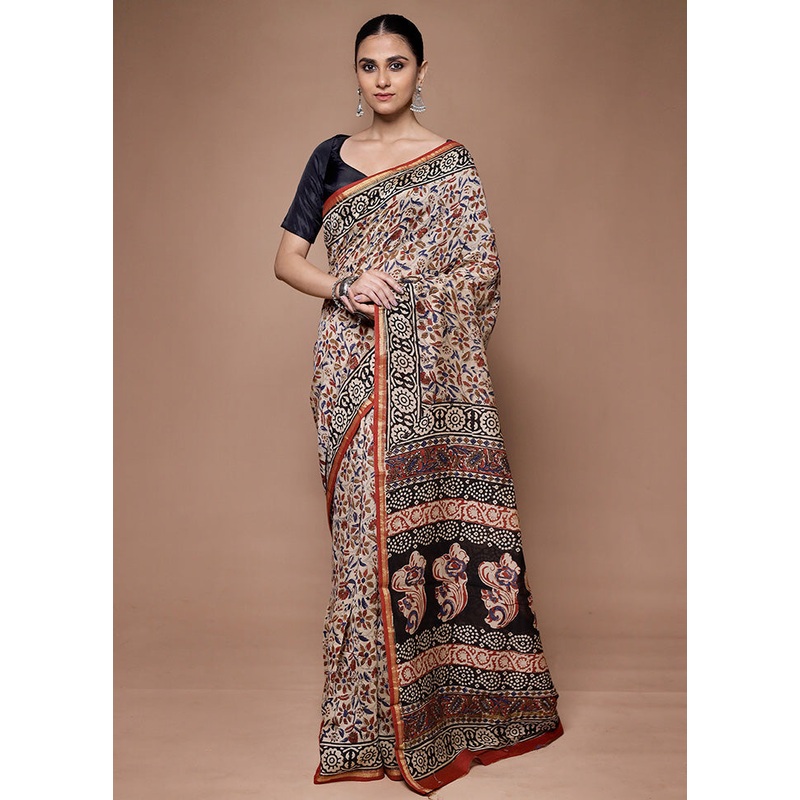 Cream Chanderi Cotton Saree With Blouse Piece - JD986599668