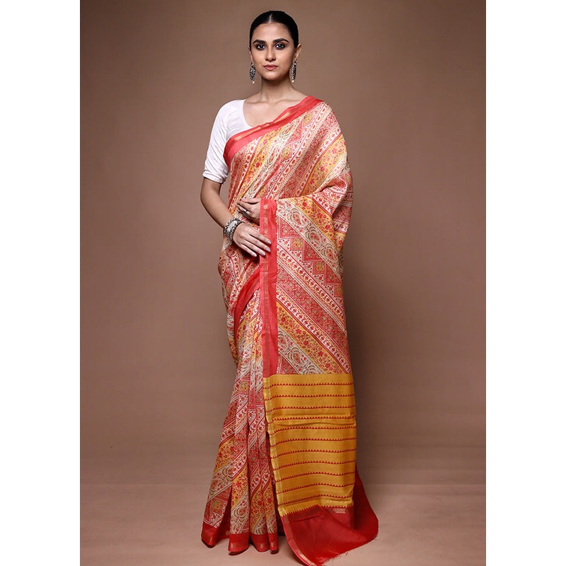 Cream Chanderi Cotton Saree With Blouse Piece - JD986599669