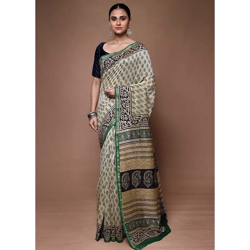 Cream Chanderi Cotton Saree With Blouse Piece - JD986599670