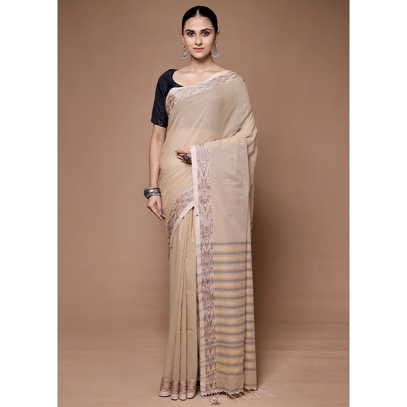 Cream Cotton Saree With Blouse Piece - JD986599664