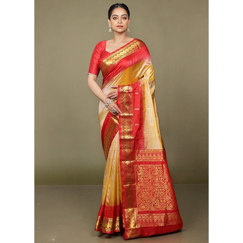Cream Handloom Kanjivaram Pure Silk Saree With Blouse Piece - JD986599739