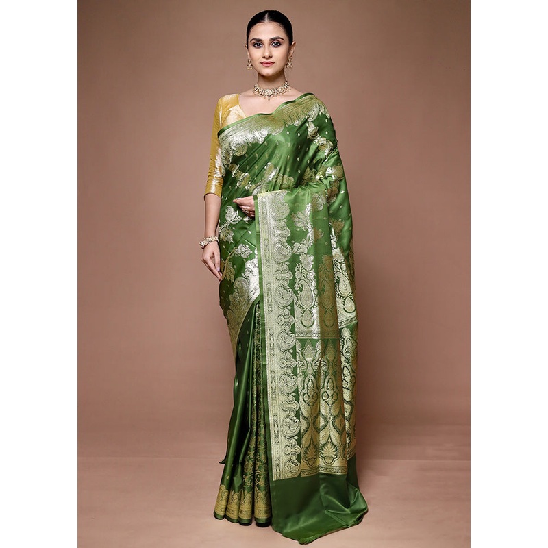 Green Banarasi Silk Saree With Blouse Piece - JD986599662