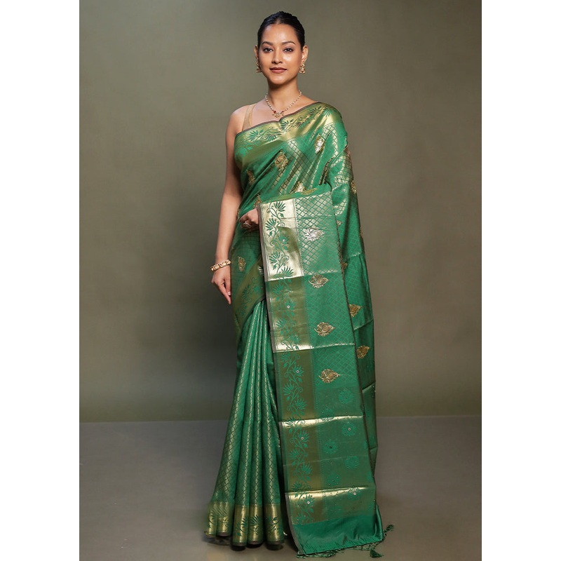 Green Kora Silk Saree With Blouse Piece - JD986599781