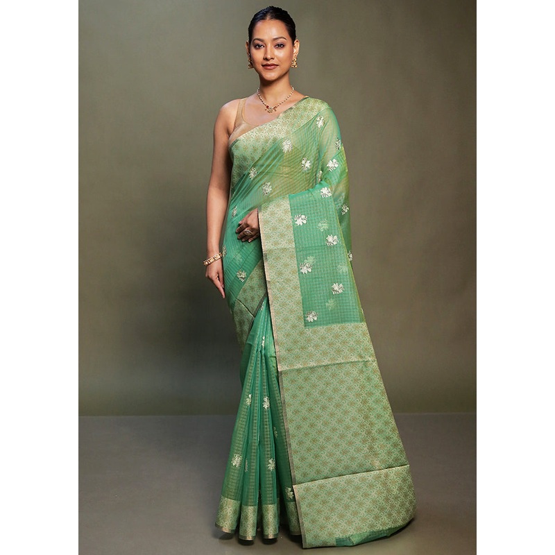 Green Kota Cotton Saree With Blouse Piece - JD986599780