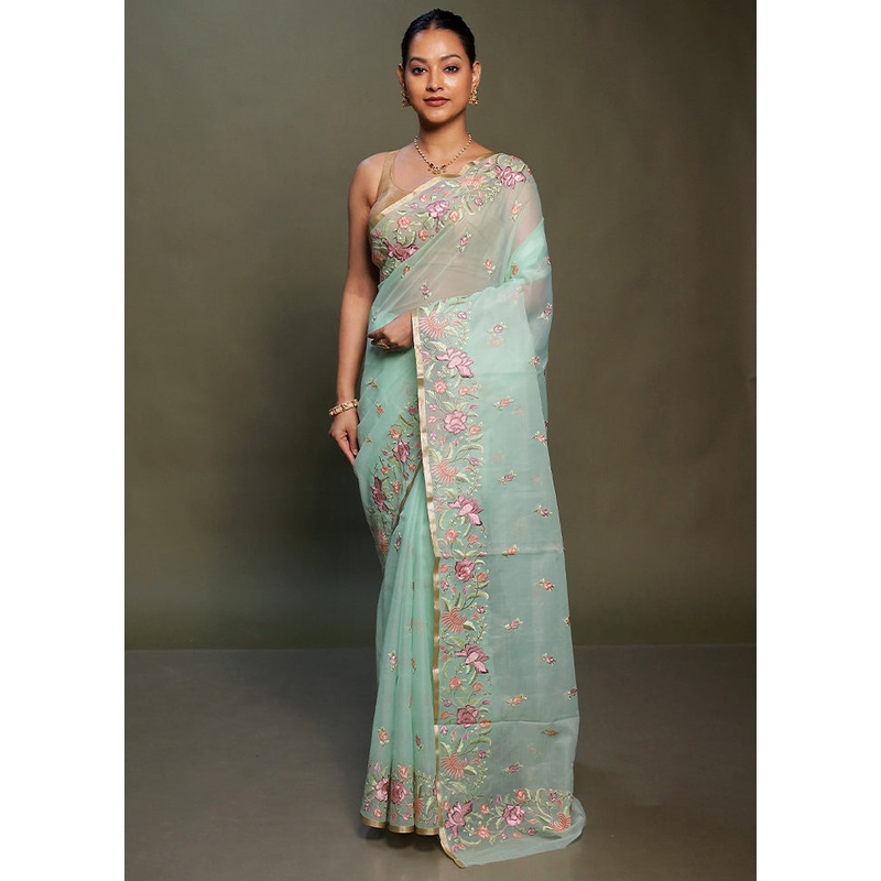 Green Organza Saree With Blouse Piece - JD986599778