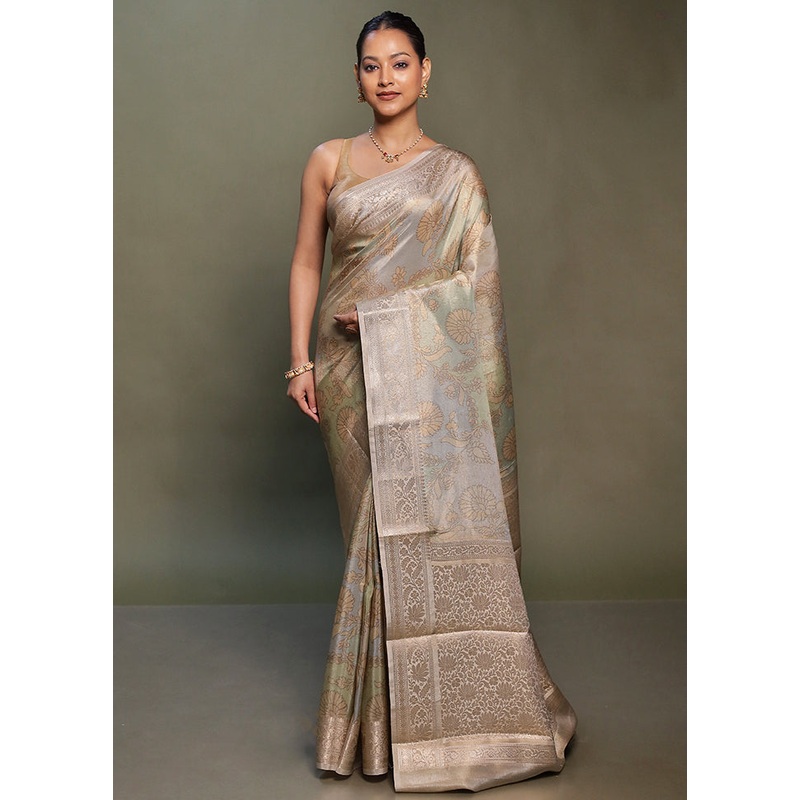 Green Tissue Silk Saree With Blouse Piece - JD986599777