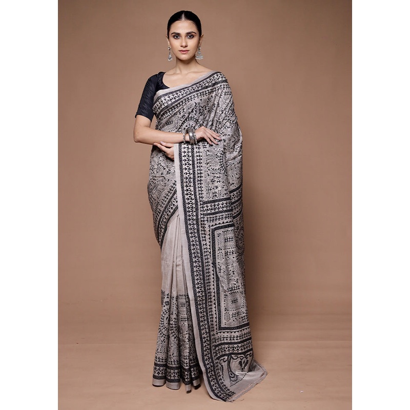Grey Handloom Kantha Stitch Pure Silk Saree With Blouse Piece - JD986599656