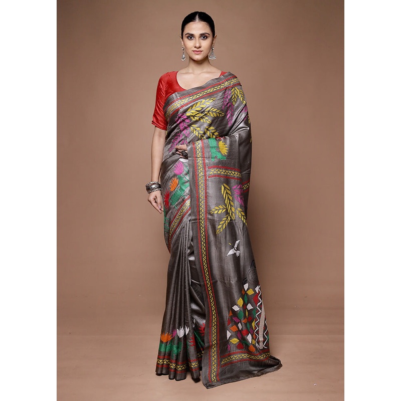 Grey Handloom Kantha Stitch Pure Silk Saree With Blouse Piece - JD986599657