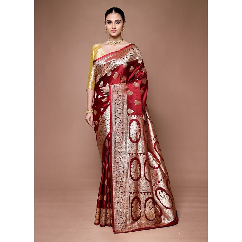 Maroon Banarasi Silk Saree With Blouse Piece - JD986599655