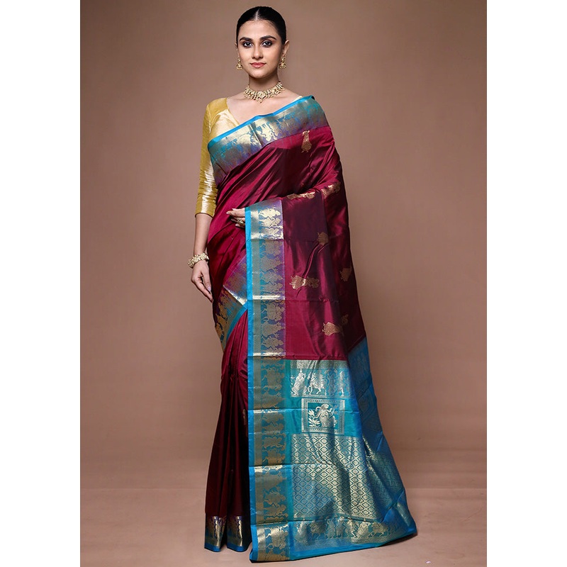 Maroon Handloom Kanjivaram Pure Silk Saree With Blouse Piece - JD986599654