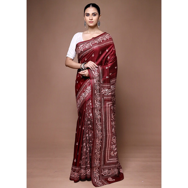 Maroon Handloom Kantha Stitch Pure Silk Saree With Blouse Piece - JD986599653