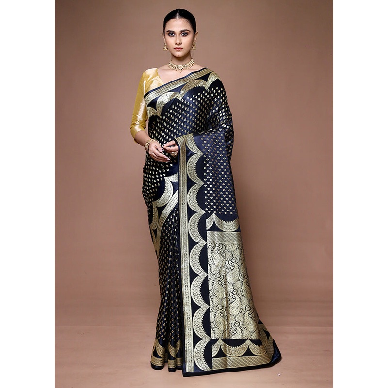 Navy Blue Handloom Banarasi Pure Silk Saree With Blouse Piece - JD986599693