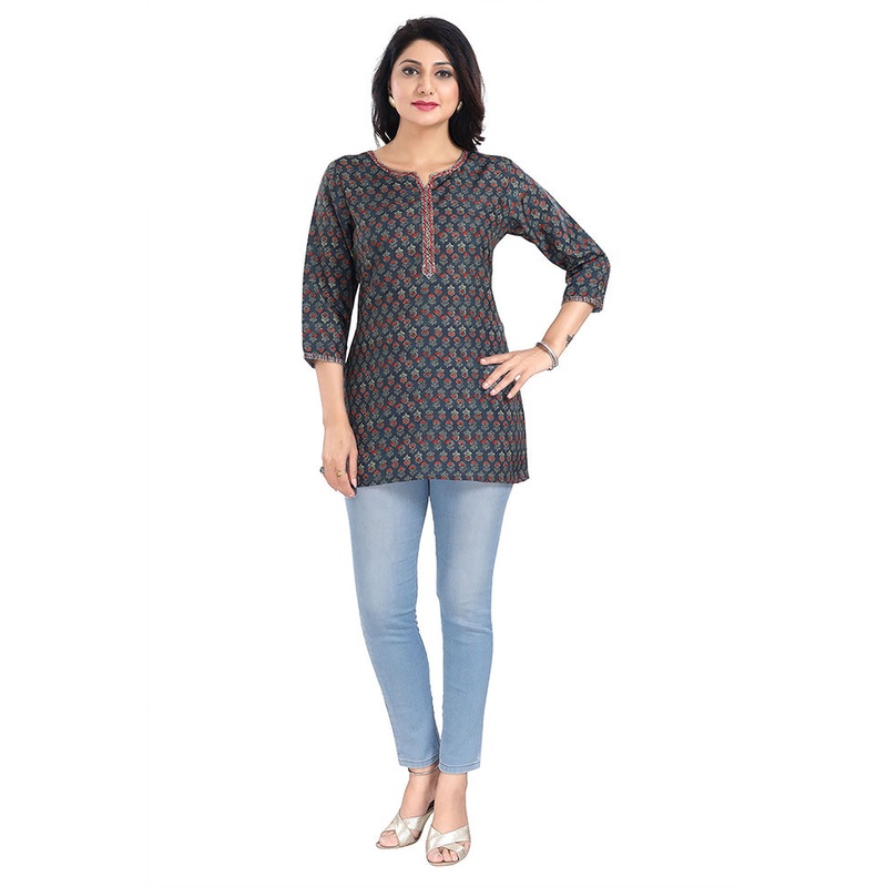 Navy Blue Readymade Rayon Short Kurti - JD986599716