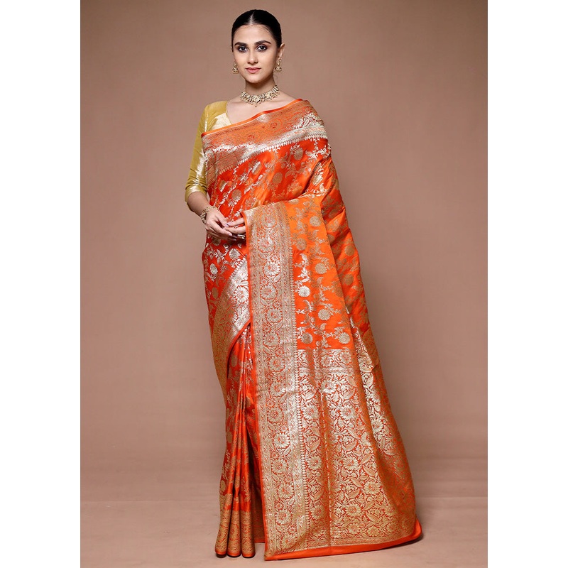 Orange Banarasi Silk Saree With Blouse Piece - JD986599651