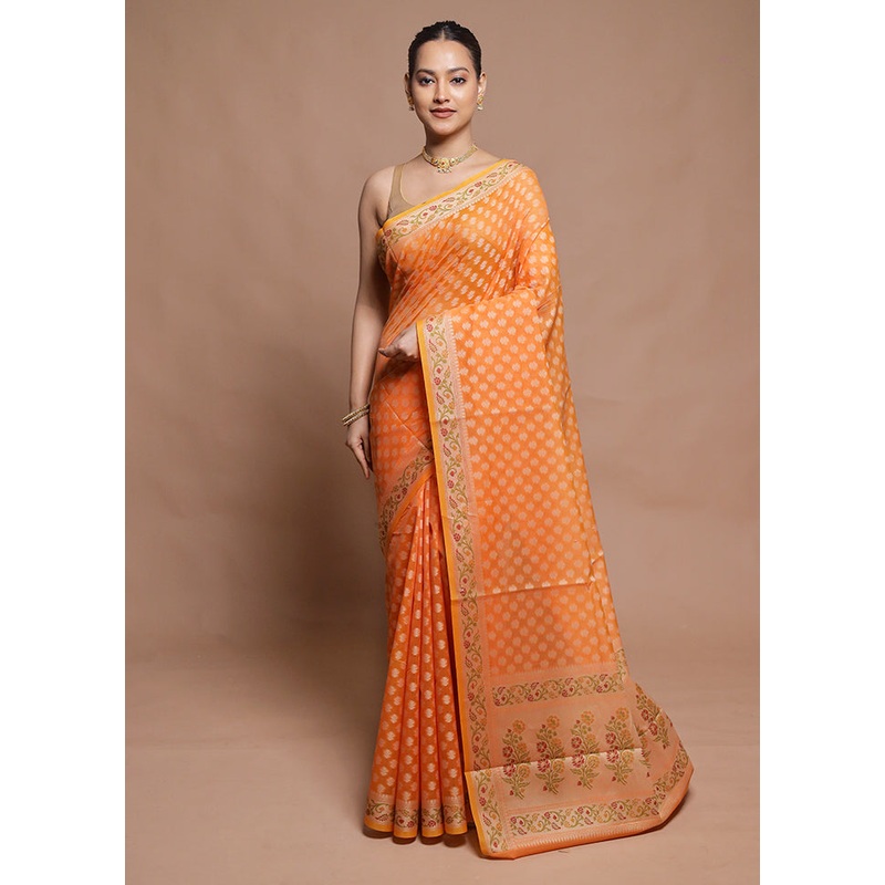 Orange Cotton Saree With Blouse Piece - JD986599803