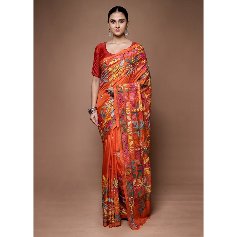 Orange Kantha Stitch Silk Saree With Blouse Piece - JD986599650