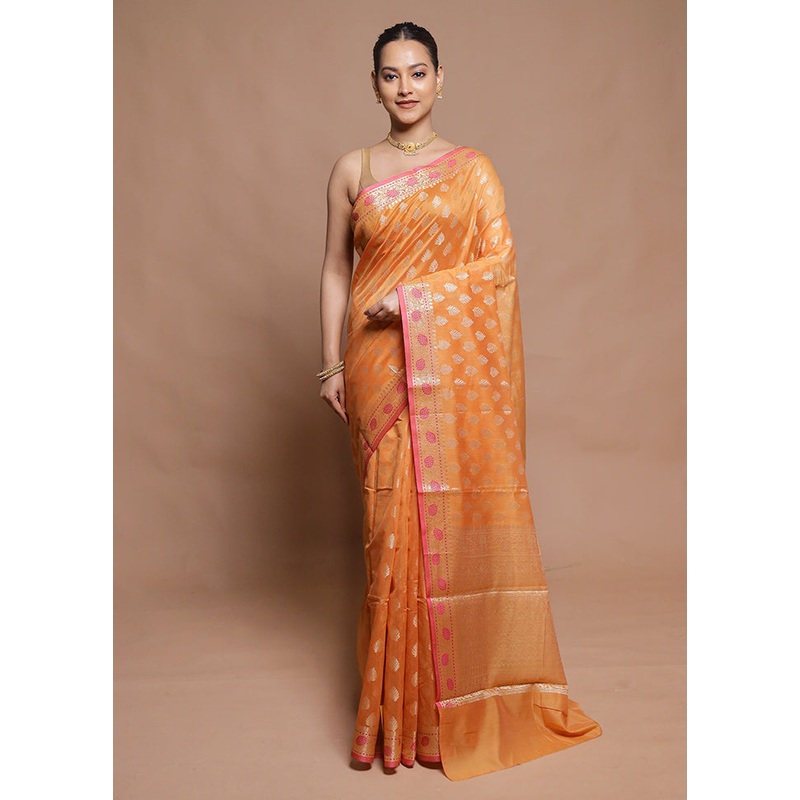 Peach Cotton Saree With Blouse Piece - JD986599804