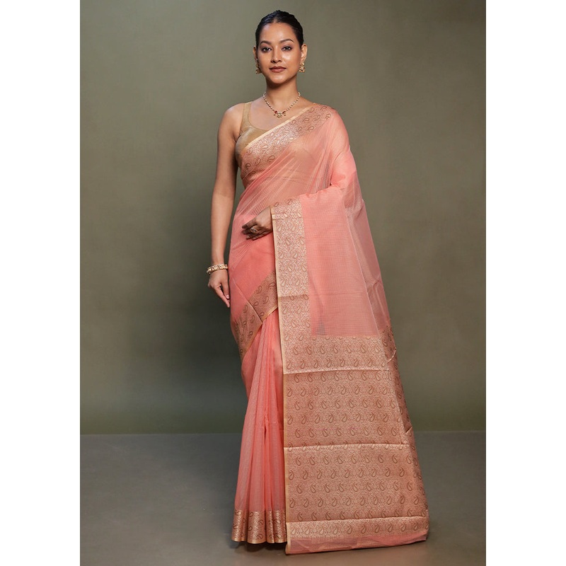 Peach Kota Cotton Saree With Blouse Piece - JD986599775