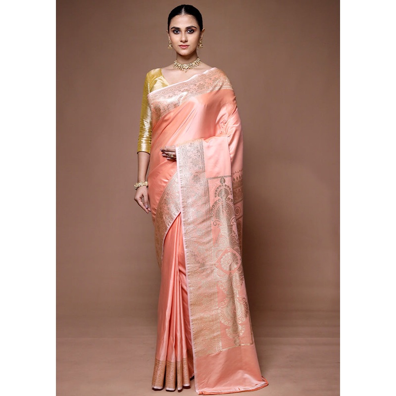 Pink Banarasi Silk Saree With Blouse Piece - JD986599637