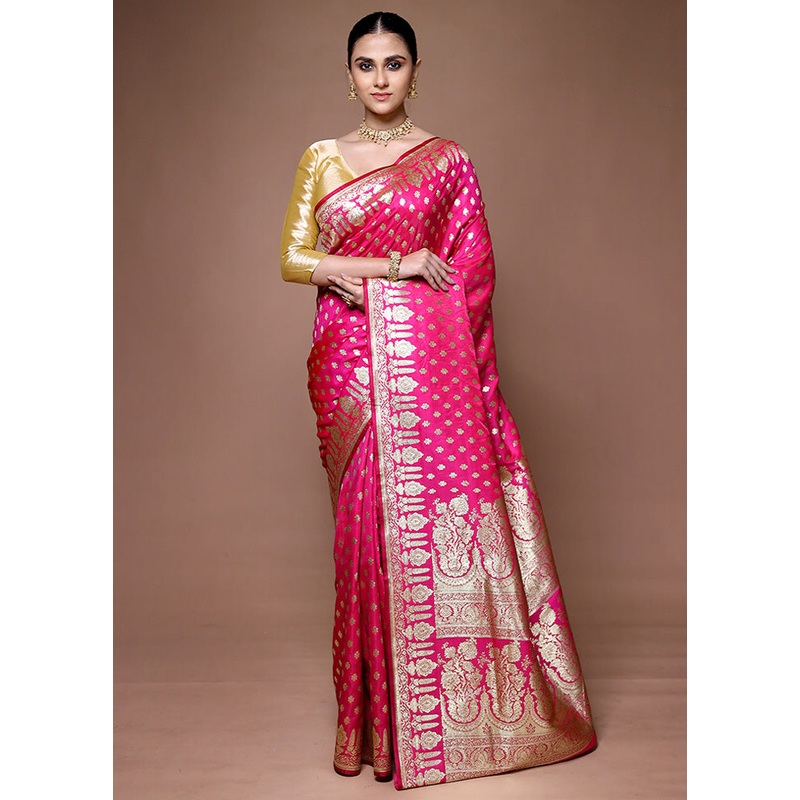 Pink Banarasi Silk Saree With Blouse Piece - JD986599638