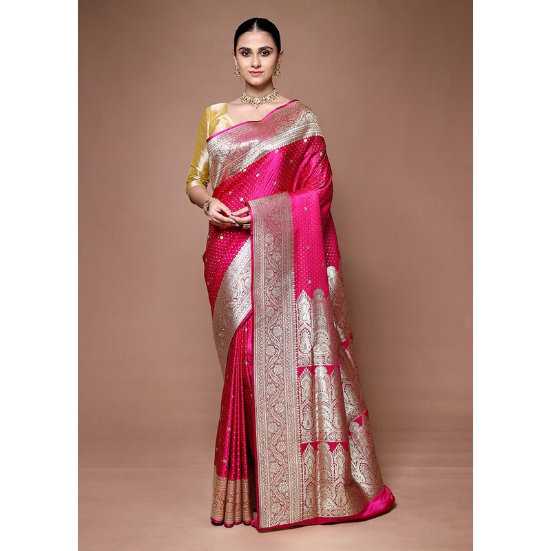 Pink Banarasi Silk Saree With Blouse Piece - JD986599639