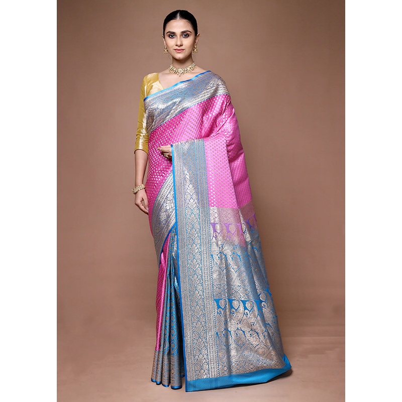 Pink Banarasi Silk Saree With Blouse Piece - JD986599640