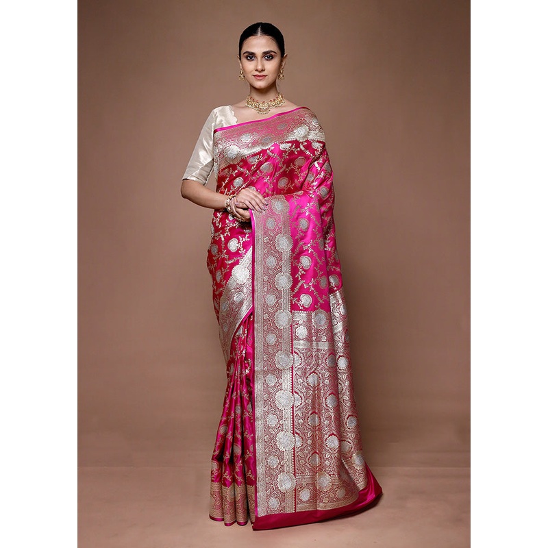 Pink Banarasi Silk Saree With Blouse Piece - JD986599642