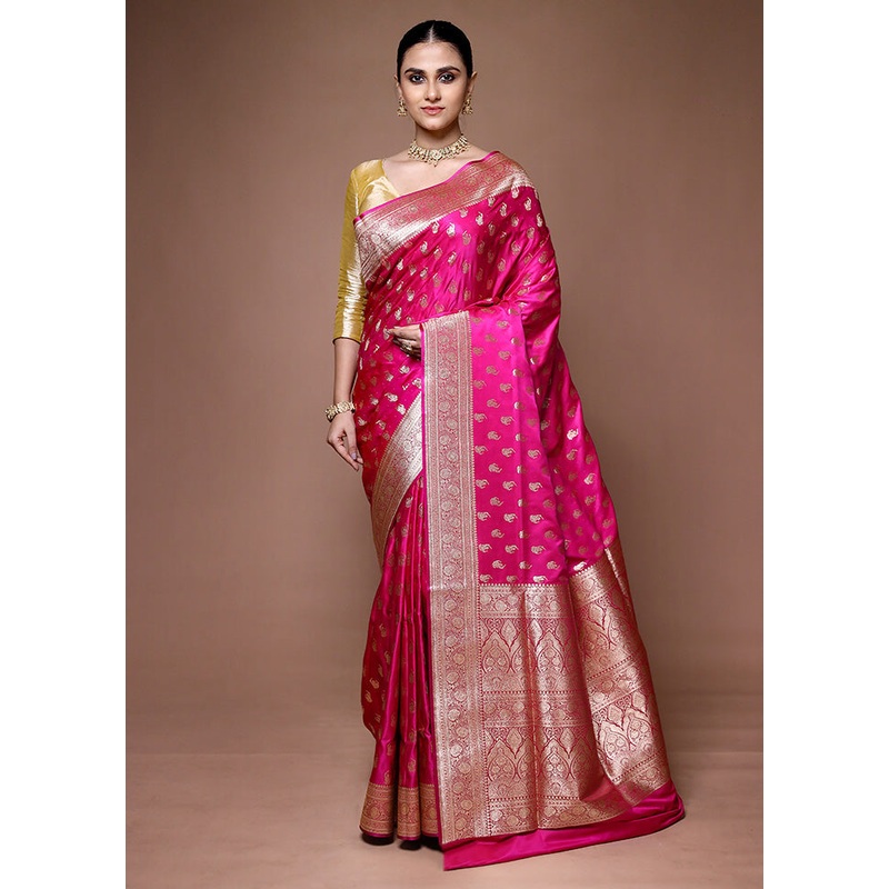 Pink Banarasi Silk Saree With Blouse Piece - JD986599643
