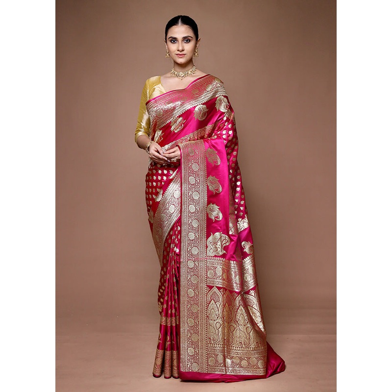 Pink Banarasi Silk Saree With Blouse Piece - JD986599644