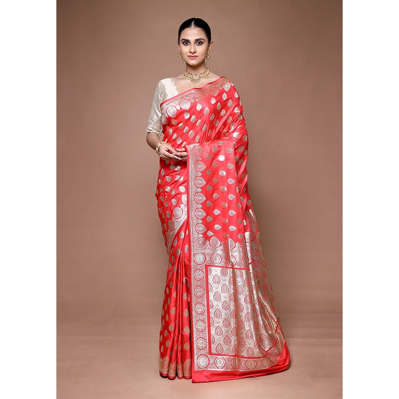 Pink Banarasi Silk Saree With Blouse Piece - JD986599645