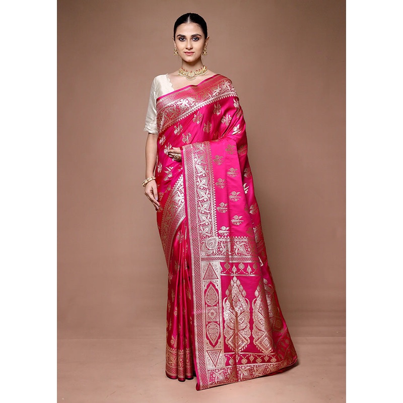 Pink Banarasi Silk Saree With Blouse Piece - JD986599646