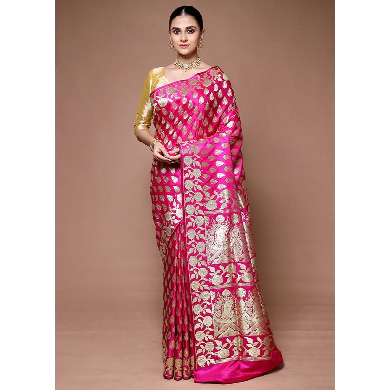 Pink Banarasi Silk Saree With Blouse Piece - JD986599647