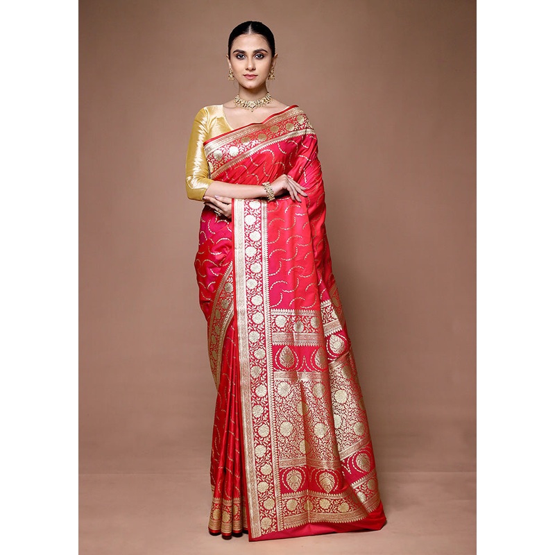 Pink Banarasi Silk Saree With Blouse Piece - JD986599648