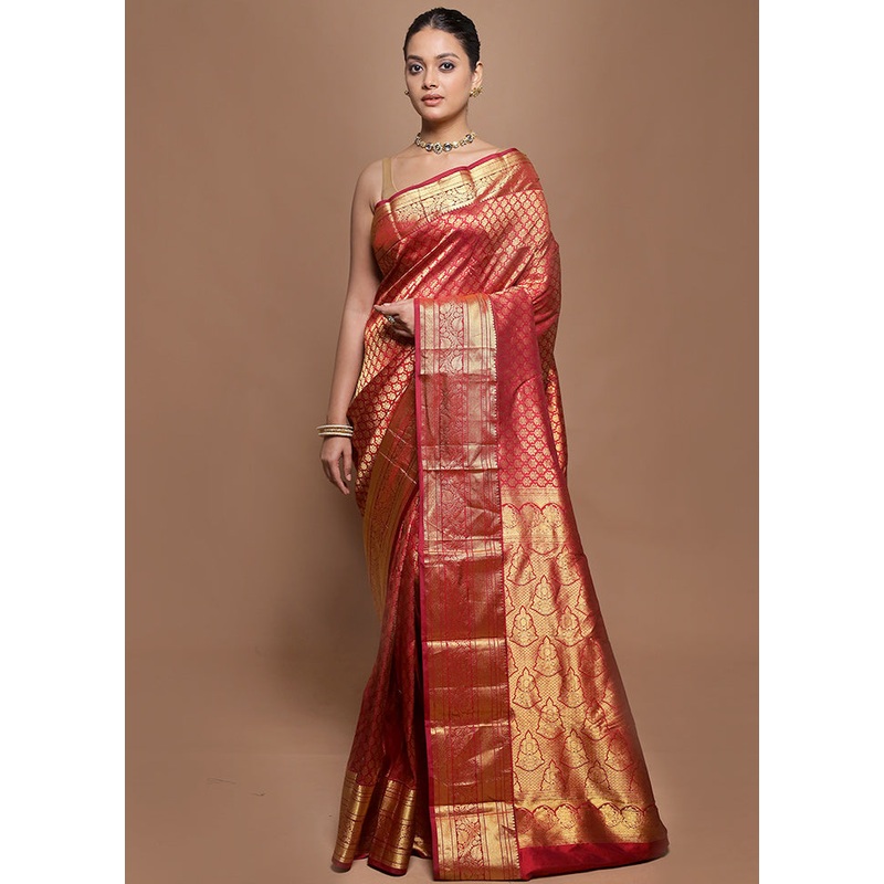Pink Handloom Kanjivaram Pure Silk Saree With Blouse Piece - JD986599758