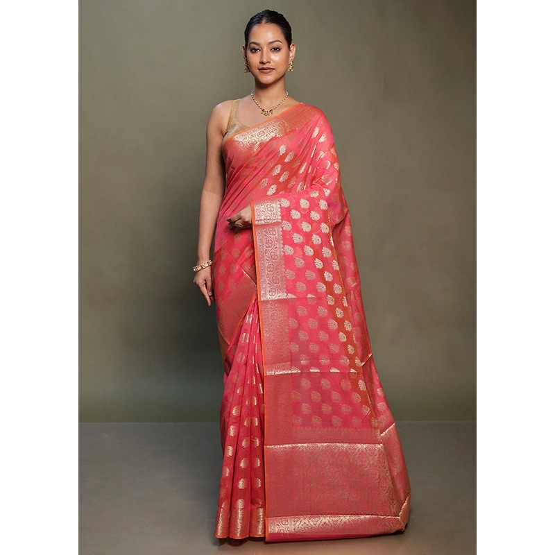 Pink Kora Silk Saree With Blouse Piece - JD986599773