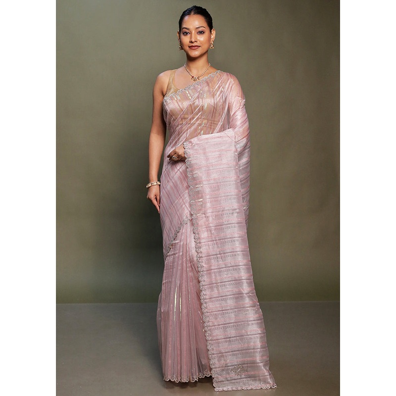 Pink Tissue Silk Saree With Blouse Piece - JD986599772